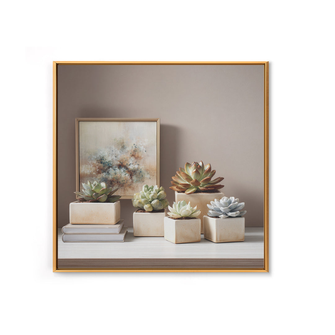 Succulent Collection in Ceramic Planters Framed Canvas Print, Patio Art, Luxury Decor, Patio Decor, Oil Painting, Outdoor, PAT-1x1-93