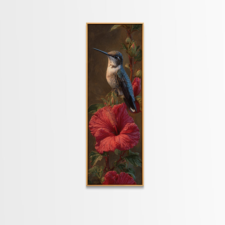 Hummingbird Visiting Bright Hibiscus Framed Canvas Print, Patio Art, Patio Decor, Abstract Art, Outdoor, Floral Wall Art, PAT-1x3-15