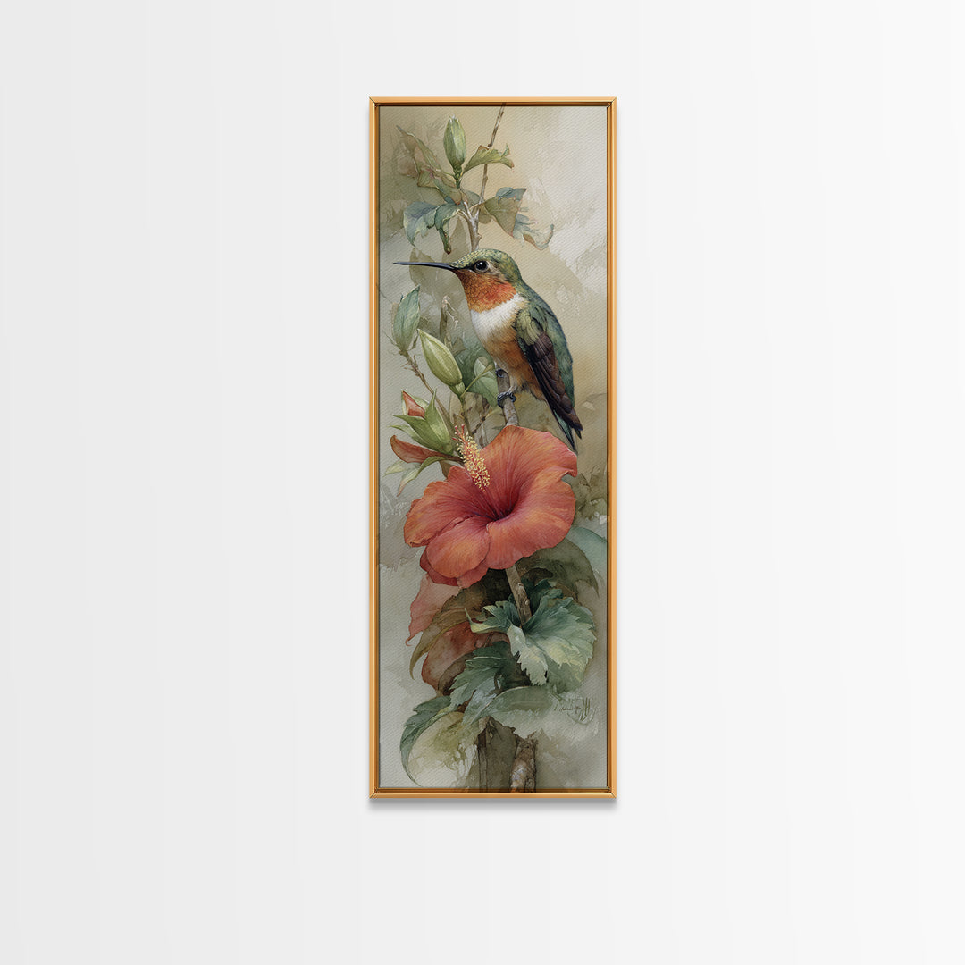 Hummingbird Visiting Bright Hibiscus Canvas Print, Patio Art, Garden Decor, Patio Decor, Fine Art, Outdoor, Beach Art, PAT-1x3-39