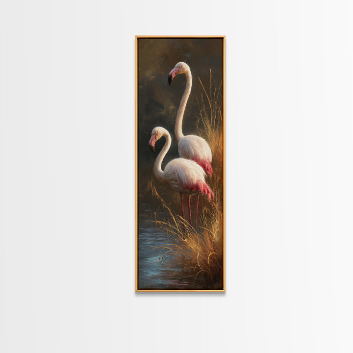 Flamingo Pair Beside Shallow Water Framed Canvas Print, Patio Art, Rustic Decor, Patio Decor, Fine Art, Outdoor, PAT-1x3-46