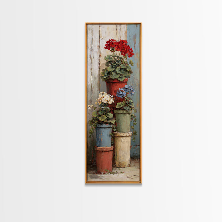 Potted Geraniums in Rustic Clay Pots Framed Canvas Print, Patio Art, Outdoor Art, Patio Decor, Fine Art, Outdoor, PAT-1x3-50