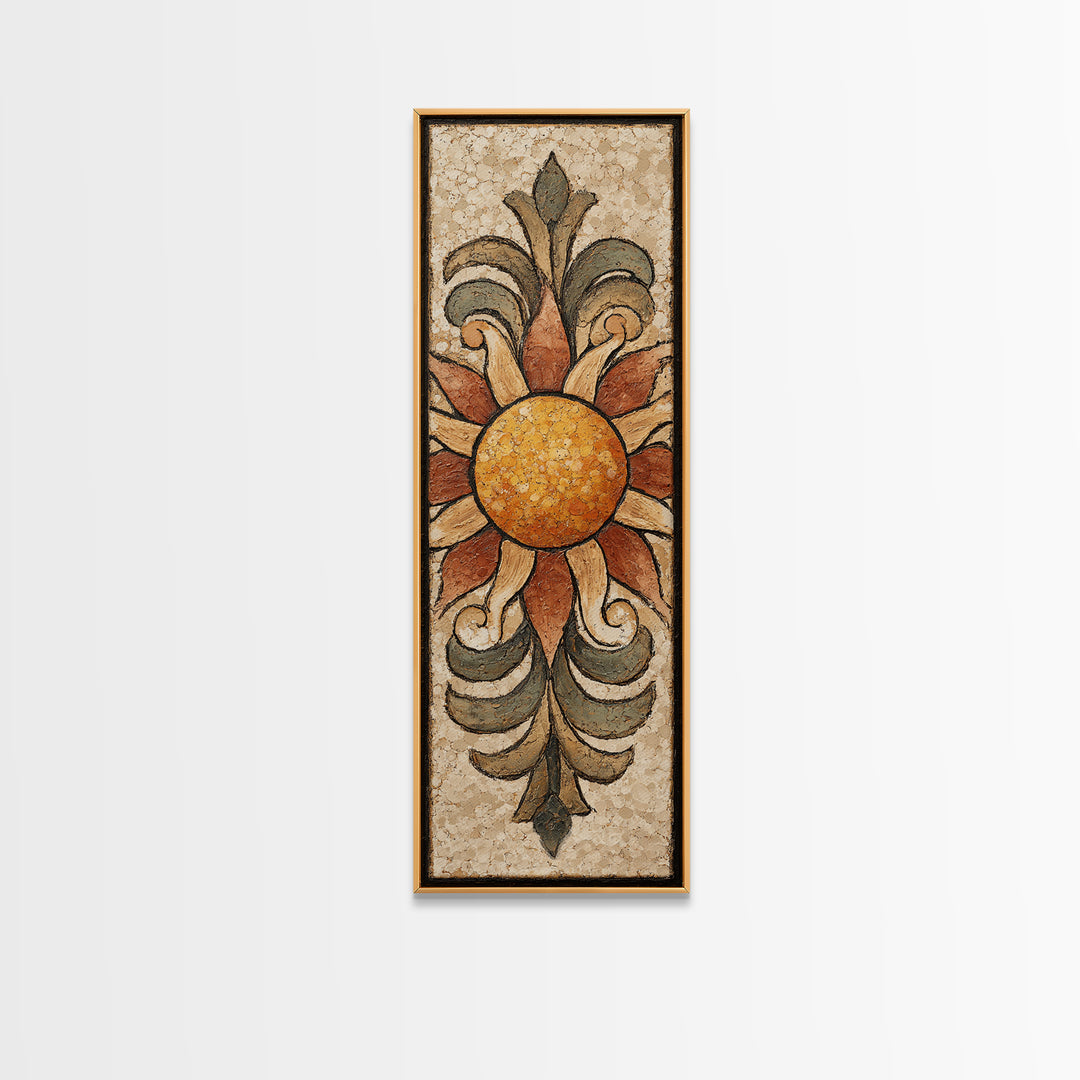 Sun Motif with Warm Terracotta Rays Framed Canvas Print, Patio Art, Patio Cushions, Patio Decor, Oil Painting, Outdoor, PAT-1x3-54