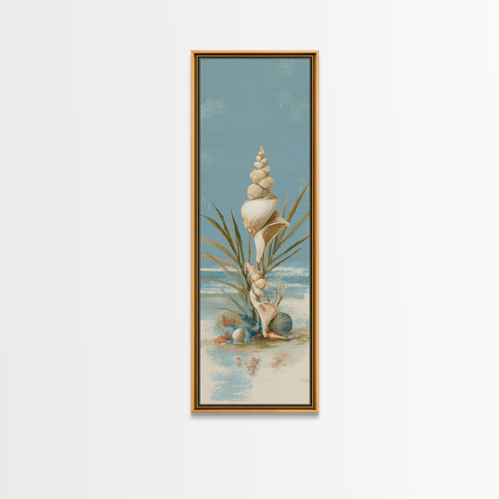 Beachy Shell and Palm Arrangement Canvas Print, Patio Art, Yard Art, Patio Decor, Oil Painting, Outdoor, Lake House Decor, PAT-1x3-55