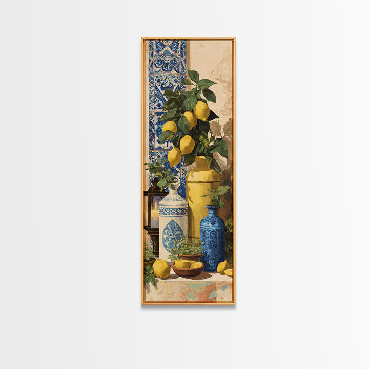 Mediterranean Lemons and Blue Tile Pattern Framed Canvas Print, Patio Art, Neutral Decor, Patio Decor, Fine Art, Outdoor, PAT-1x3-62