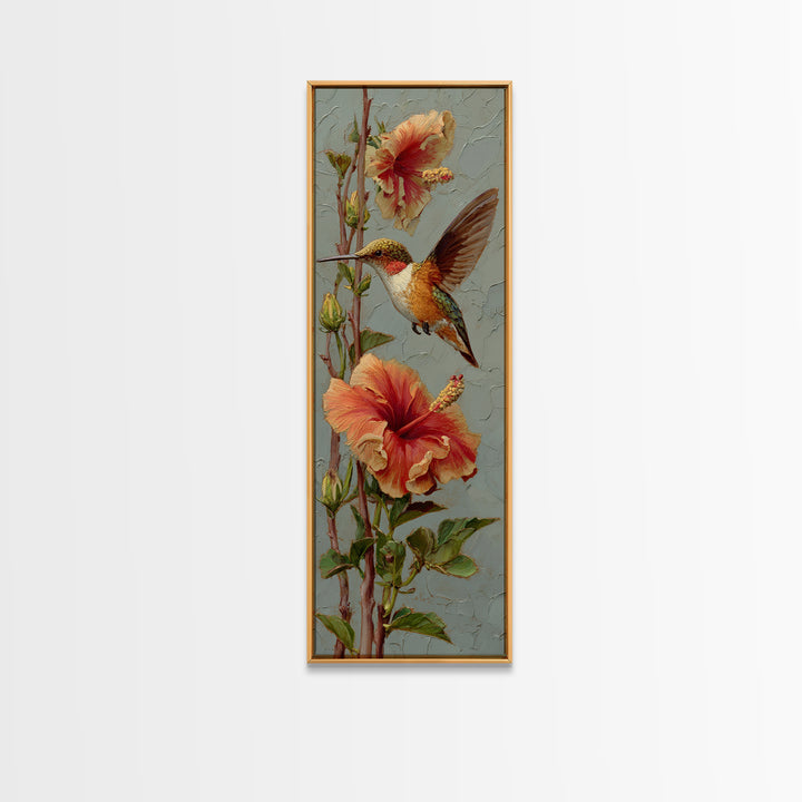 Hummingbird Visiting Bright Hibiscus Canvas Print, Patio Art, Patio Decor, Oil Painting, Outdoor, Gallery Decor, Neutral Decor, PAT-1x3-63
