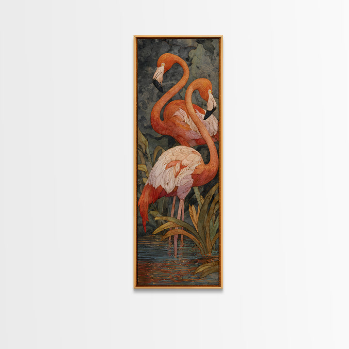 Flamingo Pair Beside Shallow Water Framed Canvas Print, Patio Art, Rustic Decor, Patio Decor, Fine Art, Outdoor, PAT-1x3-70