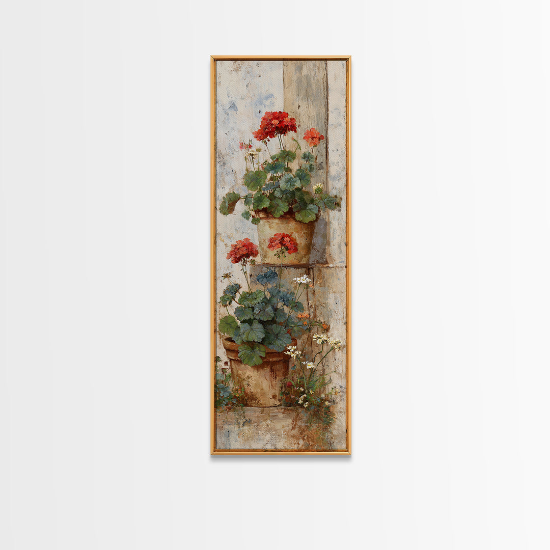 Potted Geraniums in Rustic Clay Pots Framed Canvas Print, Patio Art, Outdoor Art, Patio Decor, Fine Art, Outdoor, PAT-1x3-74