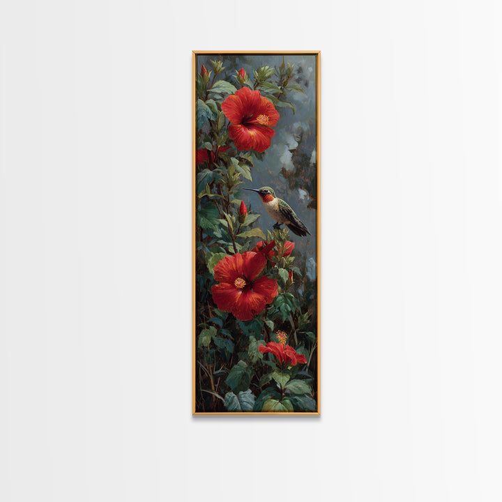 Hummingbird Visiting Bright Hibiscus Framed Canvas Print, Patio Art, Patio Cushions, Patio Decor, Outdoor, Luxury Decor, PAT-1x3-87