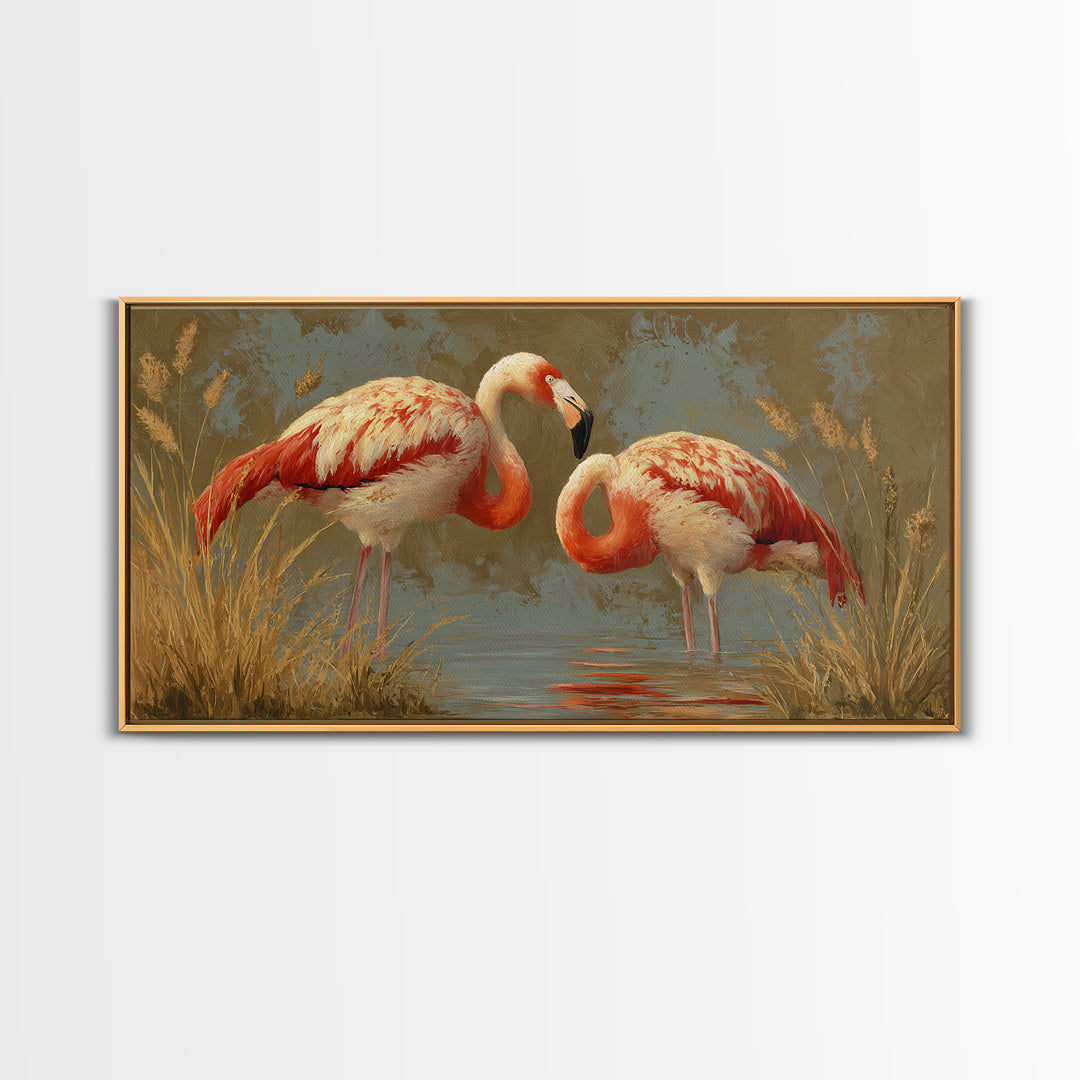 Flamingo Pair Beside Shallow Water Framed Canvas Print, Patio Art, Luxury Decor, Patio Decor, Fine Art, Outdoor, Wall Hanging, PAT-2x1-30