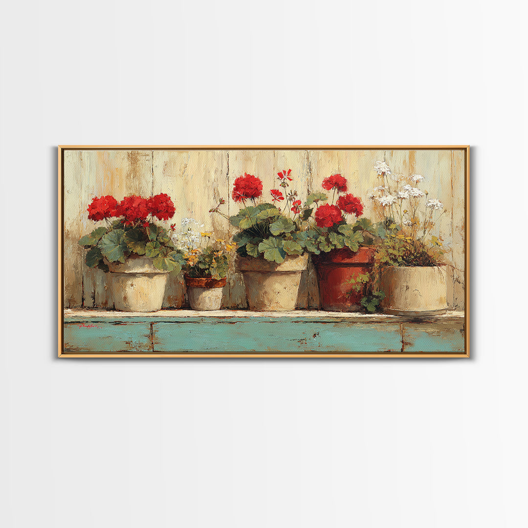Potted Geraniums in Rustic Clay Pots Framed Canvas Print, Patio Art, Art Print, Patio Decor, Fine Art, Outdoor, Garden Decor, PAT-2x1-34