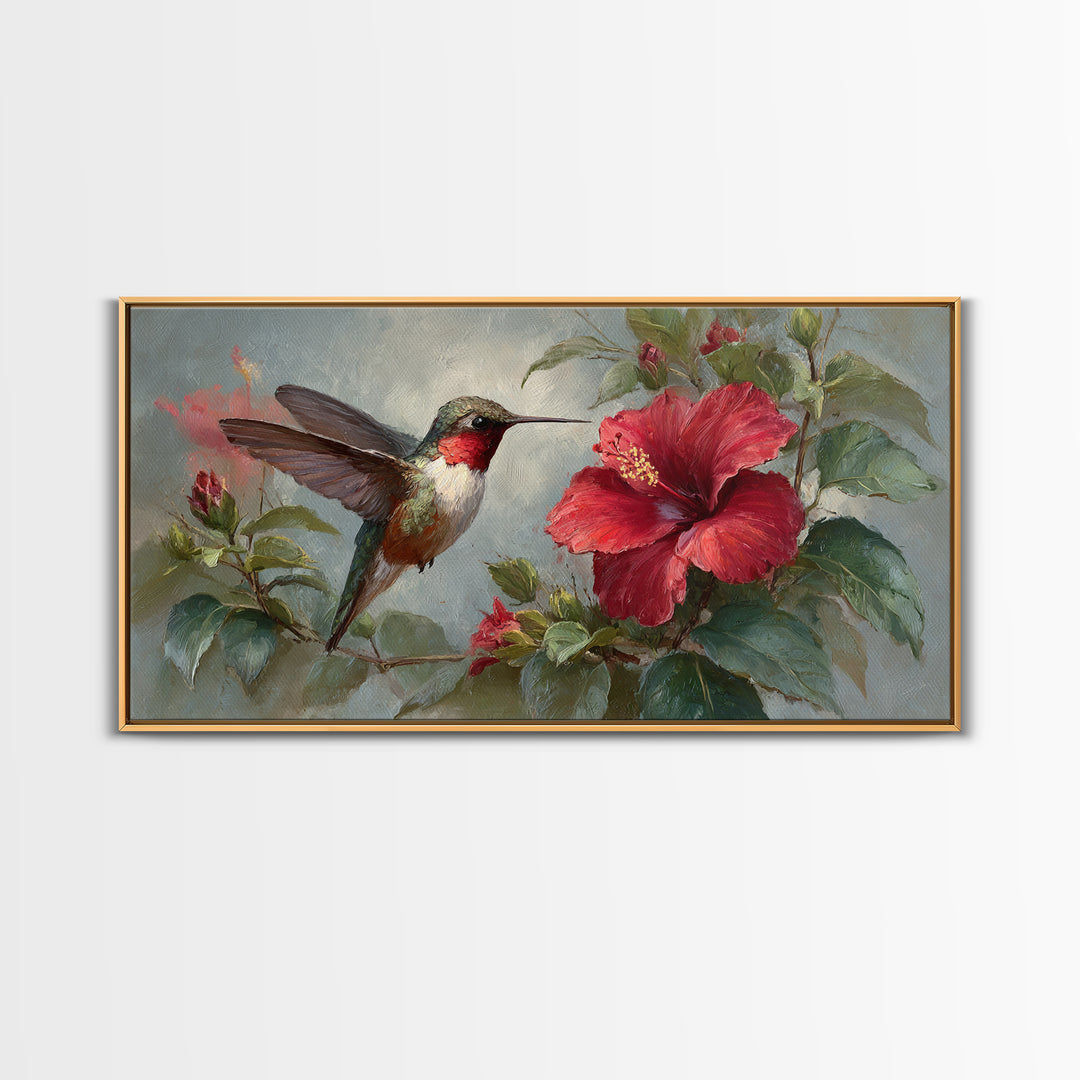 Hummingbird Visiting Bright Hibiscus Canvas Print, Patio Art, Metal Art, Patio Decor, Oil Painting, Outdoor, Patio Cushions, PAT-2x1-47