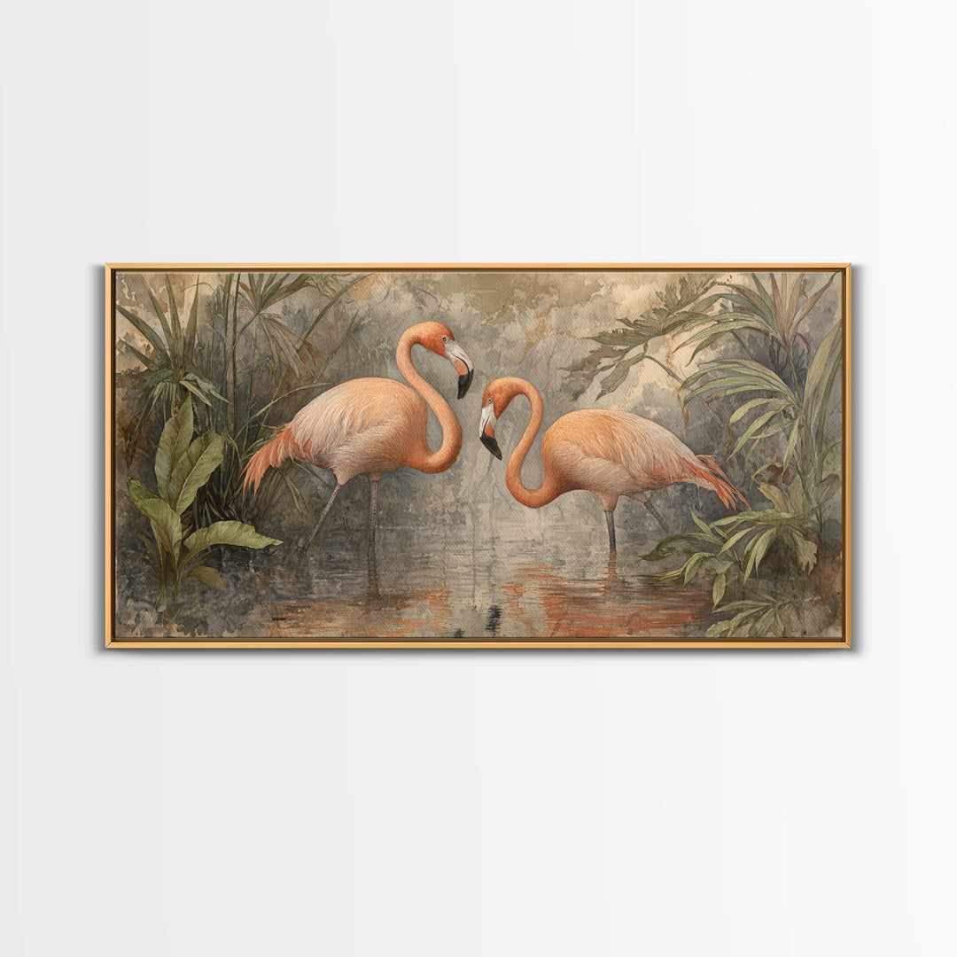 Flamingo Pair Beside Shallow Water Canvas Print, Patio Art, Contemporary Art, Patio Decor, Fine Art, Outdoor, Metal Art, PAT-2x1-54
