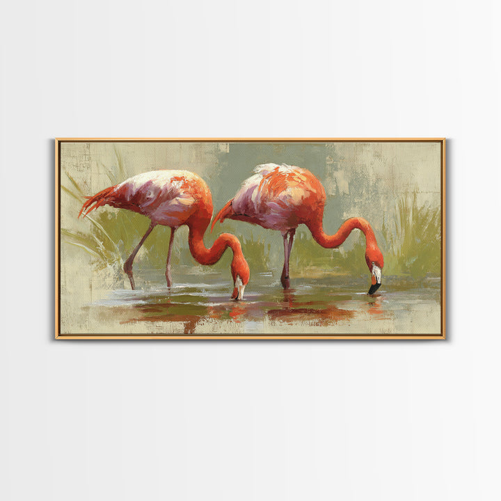 Flamingo Pair Beside Shallow Water Framed Canvas Print, Patio Art, Luxury Decor, Patio Decor, Fine Art, Outdoor, Wall Hanging, PAT-2x1-6