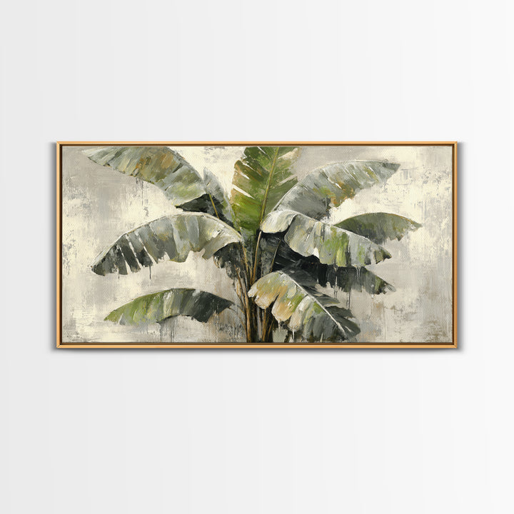 Banana Leaves with Rain Drop Details Framed Canvas Print, Patio Art, Wall Hanging, Patio Decor, Oil Painting, Outdoor, PAT-2x1-60