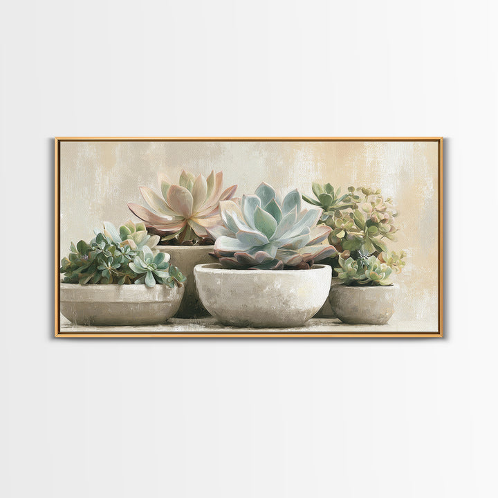 Succulent Collection in Ceramic Planters Framed Canvas Print, Patio Art, Metal Wall Art, Patio Decor, Abstract Art, Outdoor, PAT-2x1-65