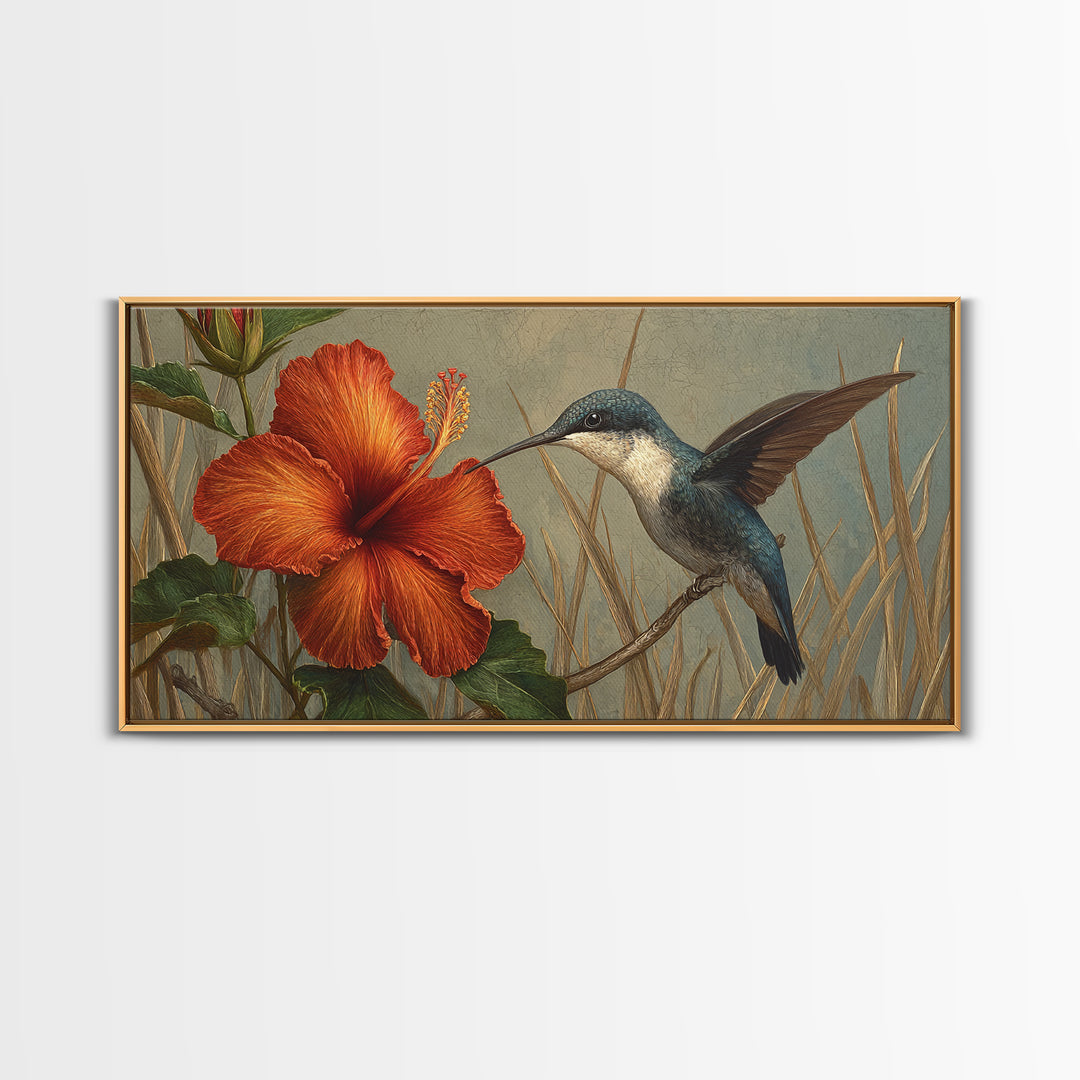 Hummingbird Visiting Bright Hibiscus Canvas Print, Patio Art, Lake House Decor, Patio Decor, Abstract Art, Outdoor, Boho Decor, PAT-2x1-71