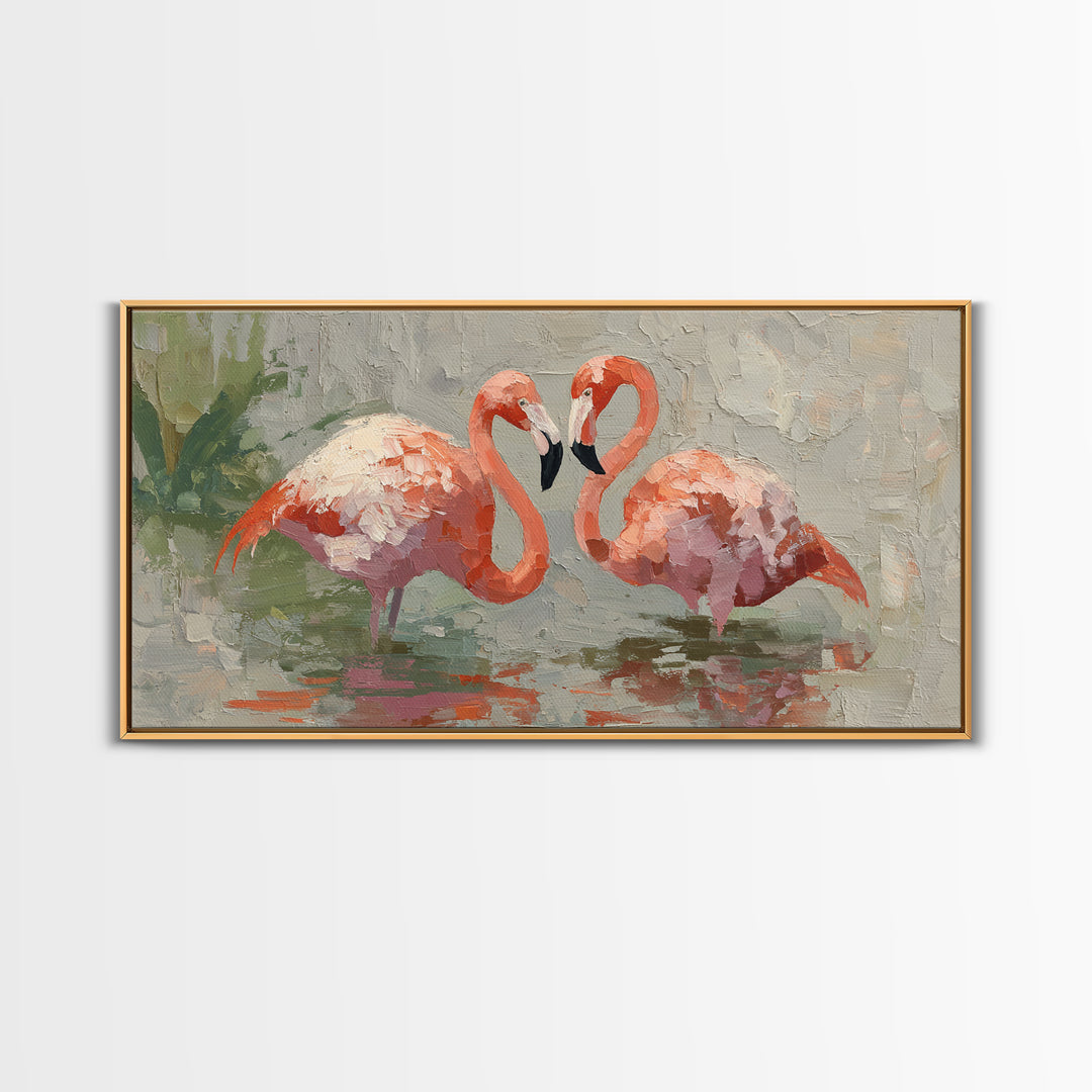 Flamingo Pair Beside Shallow Water Canvas Print, Patio Art, Contemporary Art, Patio Decor, Fine Art, Outdoor, Metal Art, PAT-2x1-78
