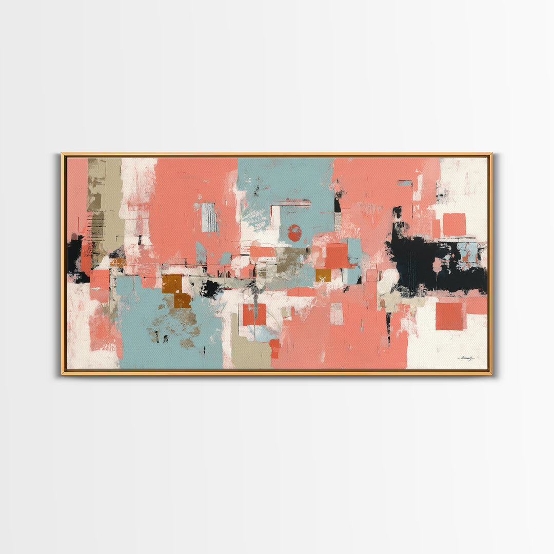 Bright Coral and Turquoise Abstract for Outdoors Framed Canvas Print, Patio Art, Bar Art, Patio Decor, Fine Art, Outdoor, PAT-2x1-80