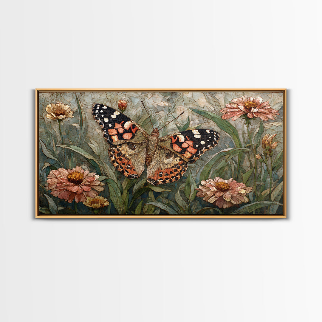 Butterfly Garden with Zinnias and Daisies Framed Canvas Print, Patio Art, Outdoor Wall Art, Patio Decor, Fine Art, Outdoor, PAT-2x1-81