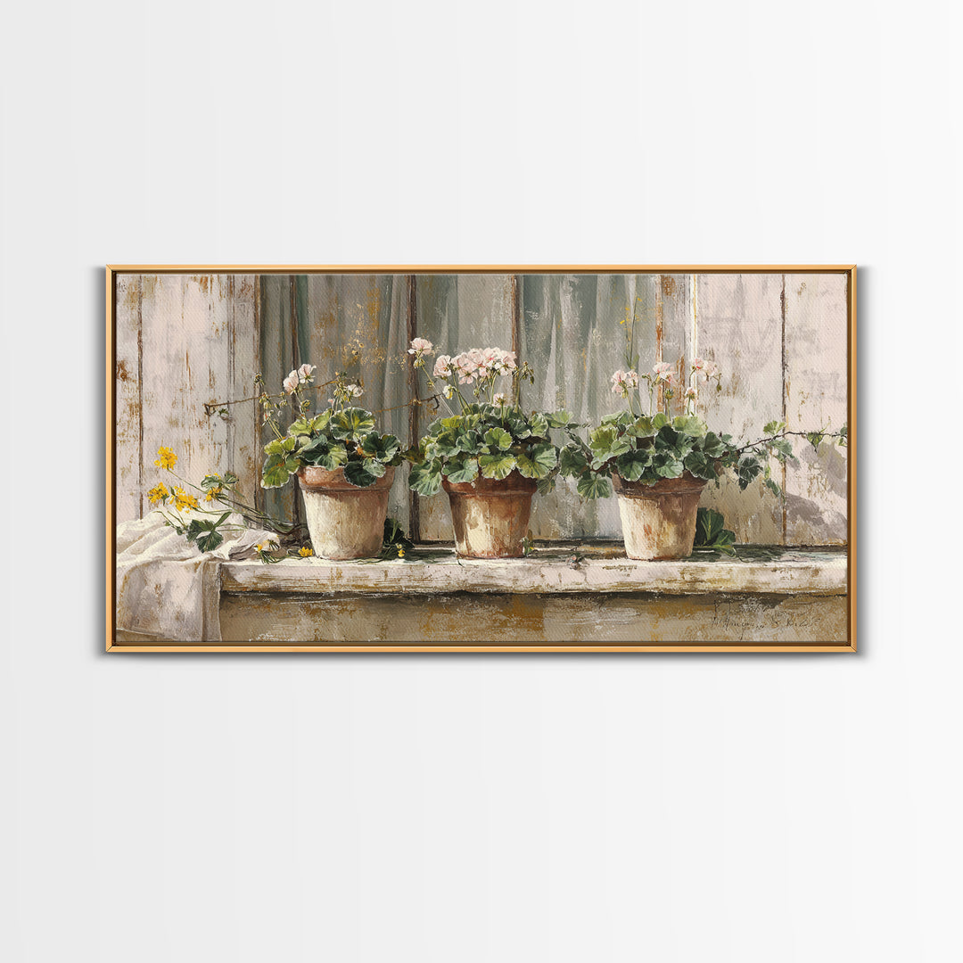 Potted Geraniums in Rustic Clay Pots Canvas Print, Patio Art, Wall Art, Patio Decor, Fine Art, Outdoor, Outdoor Wall Decor, PAT-2x1-82