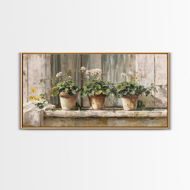 Potted Geraniums in Rustic Clay Pots Canvas Print, Patio Art, Wall Art, Patio Decor, Fine Art, Outdoor, Outdoor Wall Decor, PAT-2x1-82
