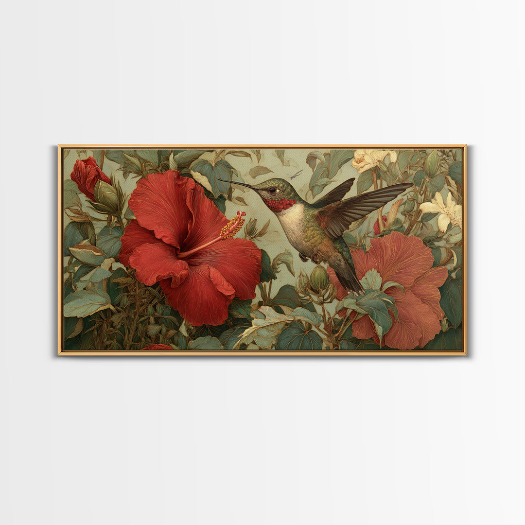 Hummingbird Visiting Bright Hibiscus Framed Canvas Print, Patio Art, Outdoor Art, Patio Decor, Fine Art, Outdoor, PAT-2x1-95