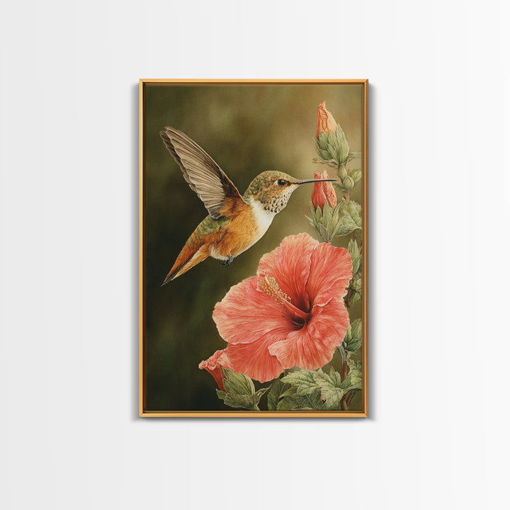 Hummingbird Visiting Bright Hibiscus Canvas Print, Patio Art, Patio, Patio Decor, Abstract Art, Outdoor, Minimalist Decor, PAT-2x3-11