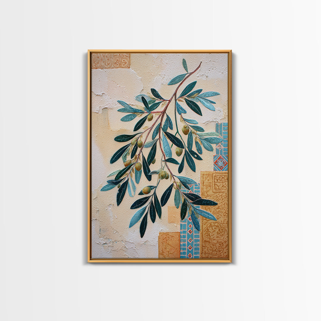 Olive Branch Wreath on Warm Plaster Framed Canvas Print, Patio Art, Outdoor Decor, Patio Decor, Fine Art, Outdoor, Bar Art, PAT-2x3-17