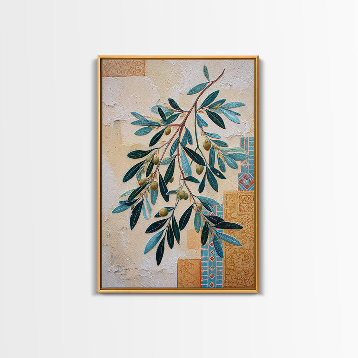 Olive Branch Wreath on Warm Plaster Framed Canvas Print, Patio Art, Outdoor Decor, Patio Decor, Fine Art, Outdoor, Bar Art, PAT-2x3-17