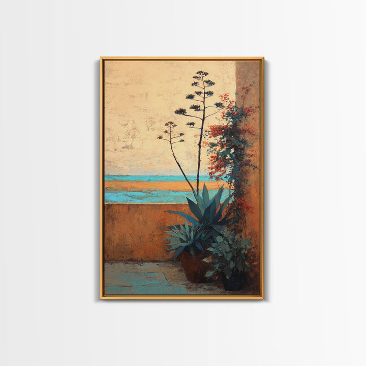 Desert Patio Agave and Bougainvillea Framed Canvas Print, Patio Art, Wall Art, Patio Decor, Oil Painting, Outdoor, PAT-2x3-25