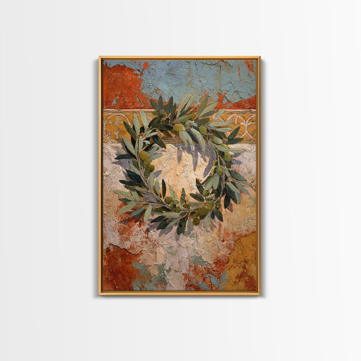 Olive Branch Wreath on Warm Plaster Framed Canvas Print, Patio Art, Outdoor Decor, Patio Decor, Fine Art, Outdoor, Bar Art, PAT-2x3-41
