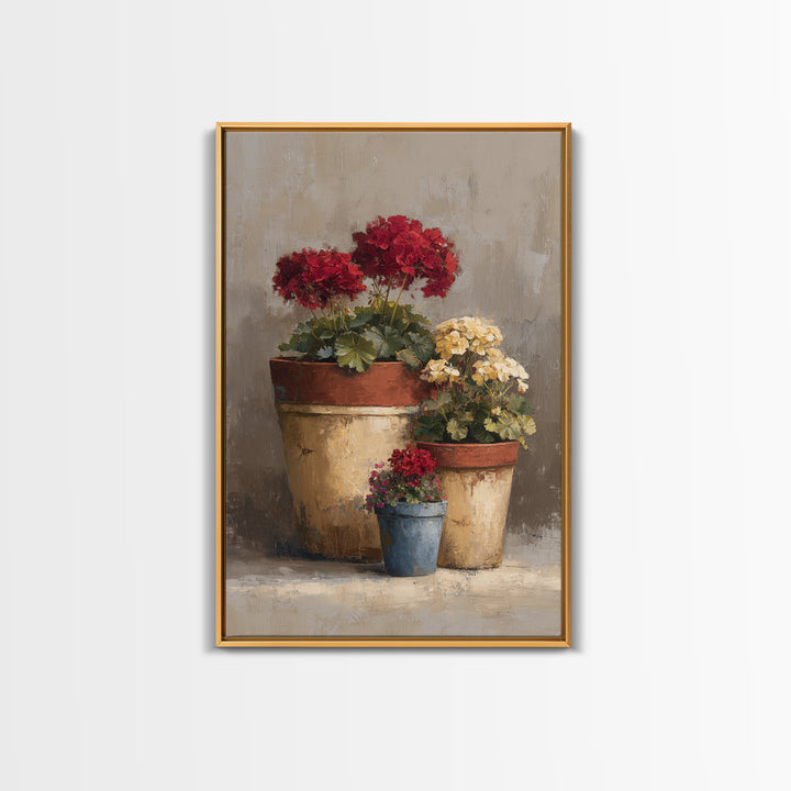 Potted Geraniums in Rustic Clay Pots Framed Canvas Print, Patio Art, Textured Painting, Patio Decor, Fine Art, Outdoor, PAT-2x3-46