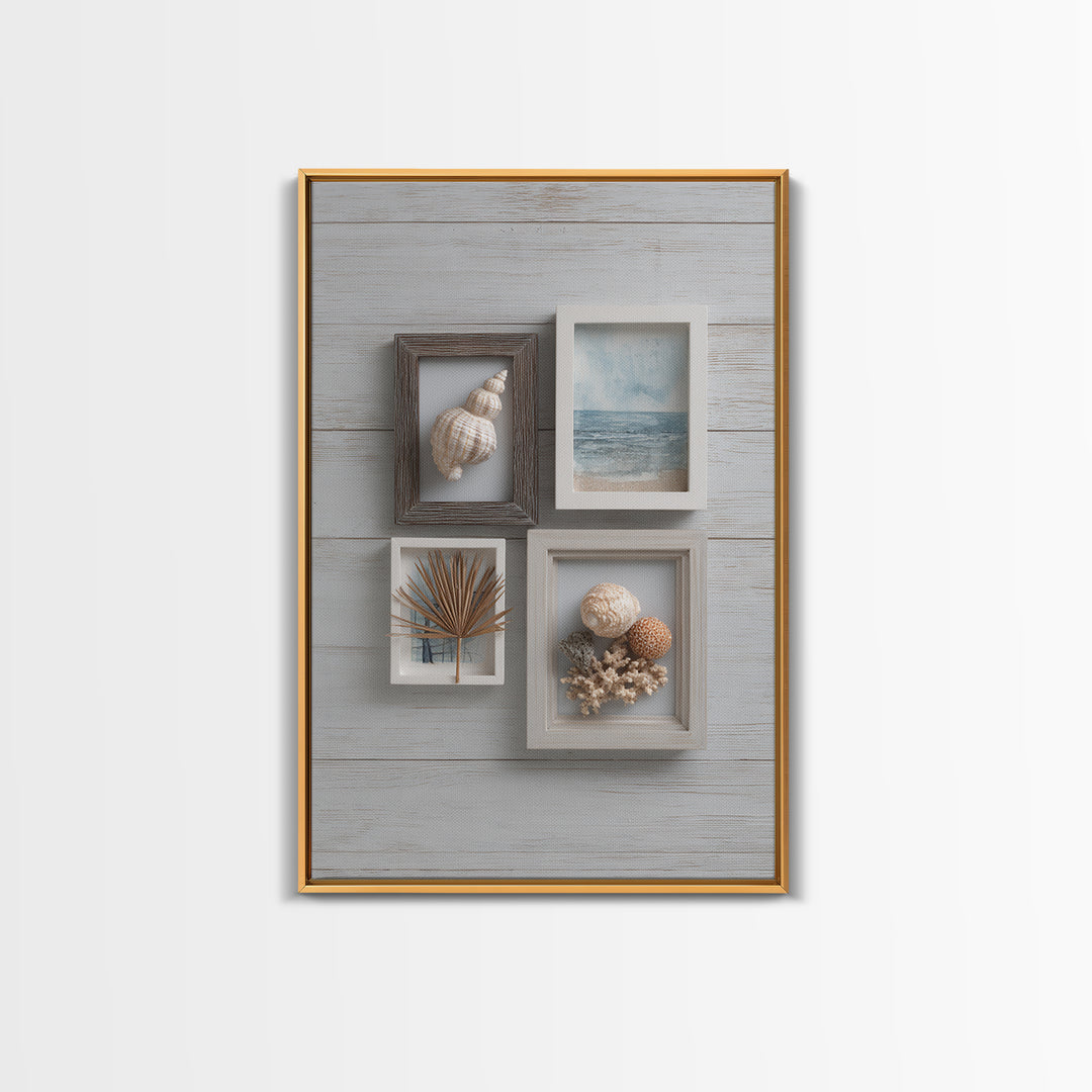 Beachy Shell and Palm Arrangement Framed Canvas Print, Patio Art, Room Decor, Patio Decor, Oil Painting, Outdoor, Garden Art, PAT-2x3-51