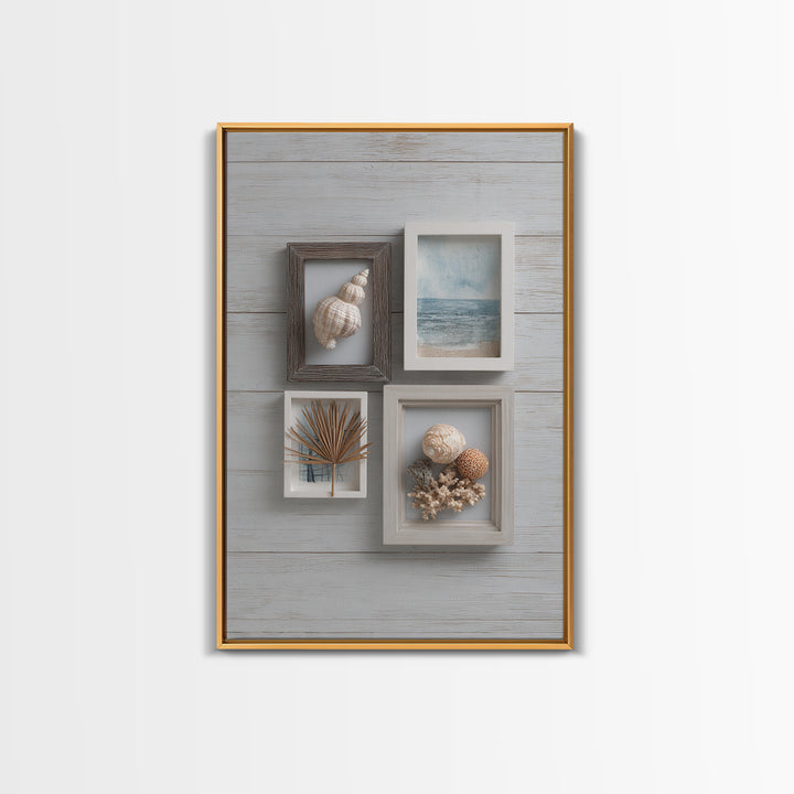 Beachy Shell and Palm Arrangement Framed Canvas Print, Patio Art, Room Decor, Patio Decor, Oil Painting, Outdoor, Garden Art, PAT-2x3-51