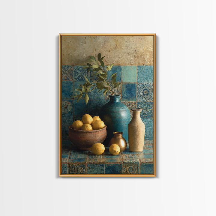 Mediterranean Lemons and Blue Tile Pattern Canvas Print, Patio Art, Metal Wall Art, Patio Decor, Outdoor, Coastal Wall Decor, PAT-2x3-58