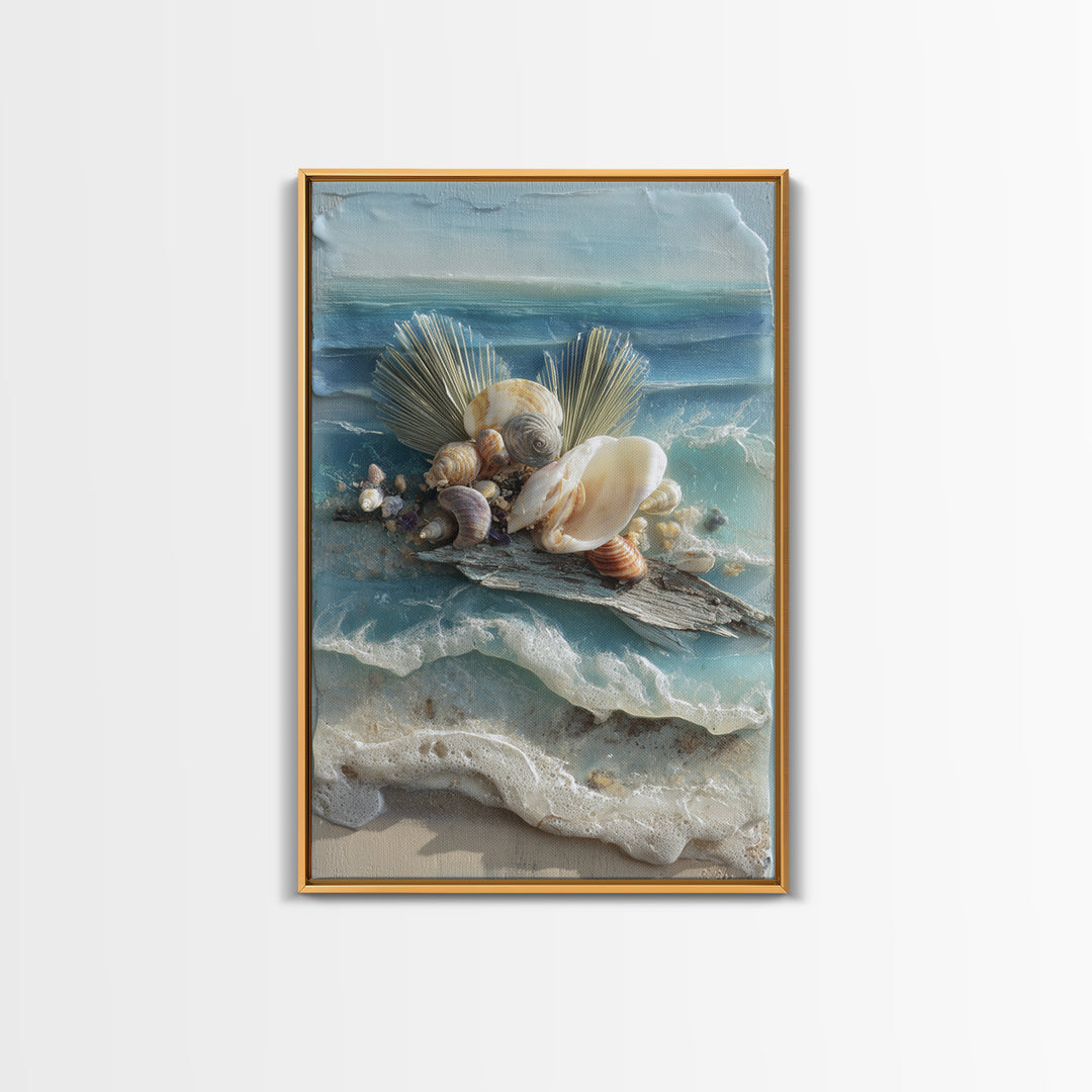 Beachy Shell and Palm Arrangement Framed Canvas Print, Patio Art, Garden Decor, Patio Decor, Fine Art, Outdoor, Beach Art, PAT-2x3-75