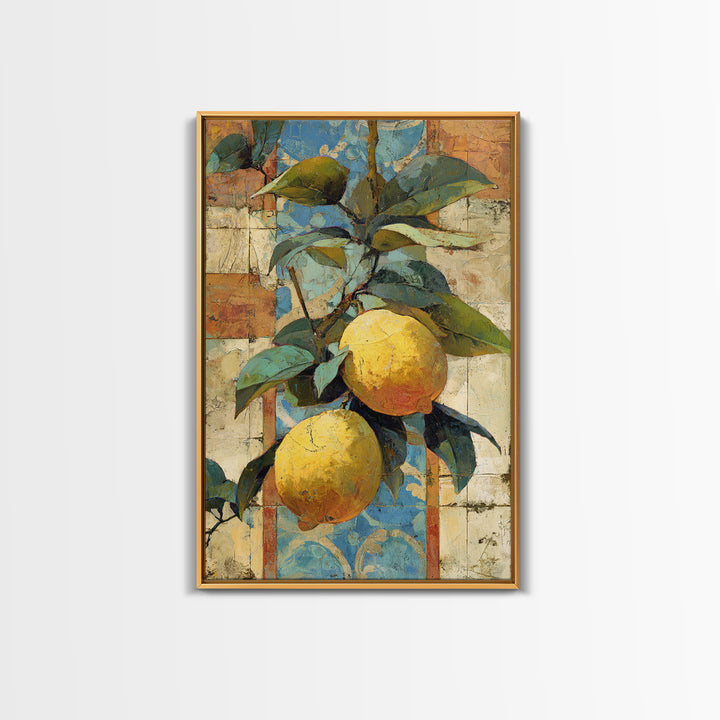 Mediterranean Lemons and Blue Tile Pattern Canvas Print, Patio Art, Metal Wall Art, Patio Decor, Outdoor, Coastal Wall Decor, PAT-2x3-82
