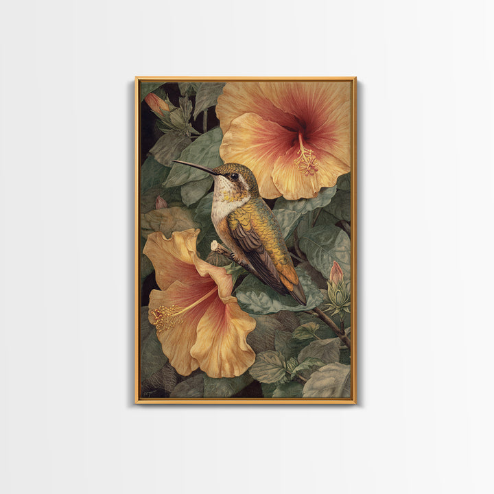 Hummingbird Visiting Bright Hibiscus Framed Canvas Print, Patio Art, Coastal Decor, Patio Decor, Abstract Art, Outdoor, PAT-2x3-83