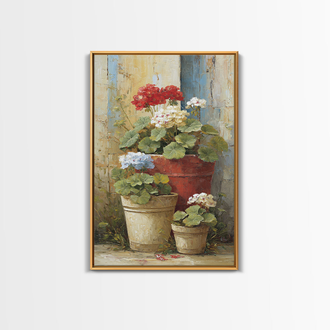 Potted Geraniums in Rustic Clay Pots Framed Canvas Print, Patio Art, Garden Art, Patio Decor, Outdoor, Beach House Decor, PAT-2x3-94