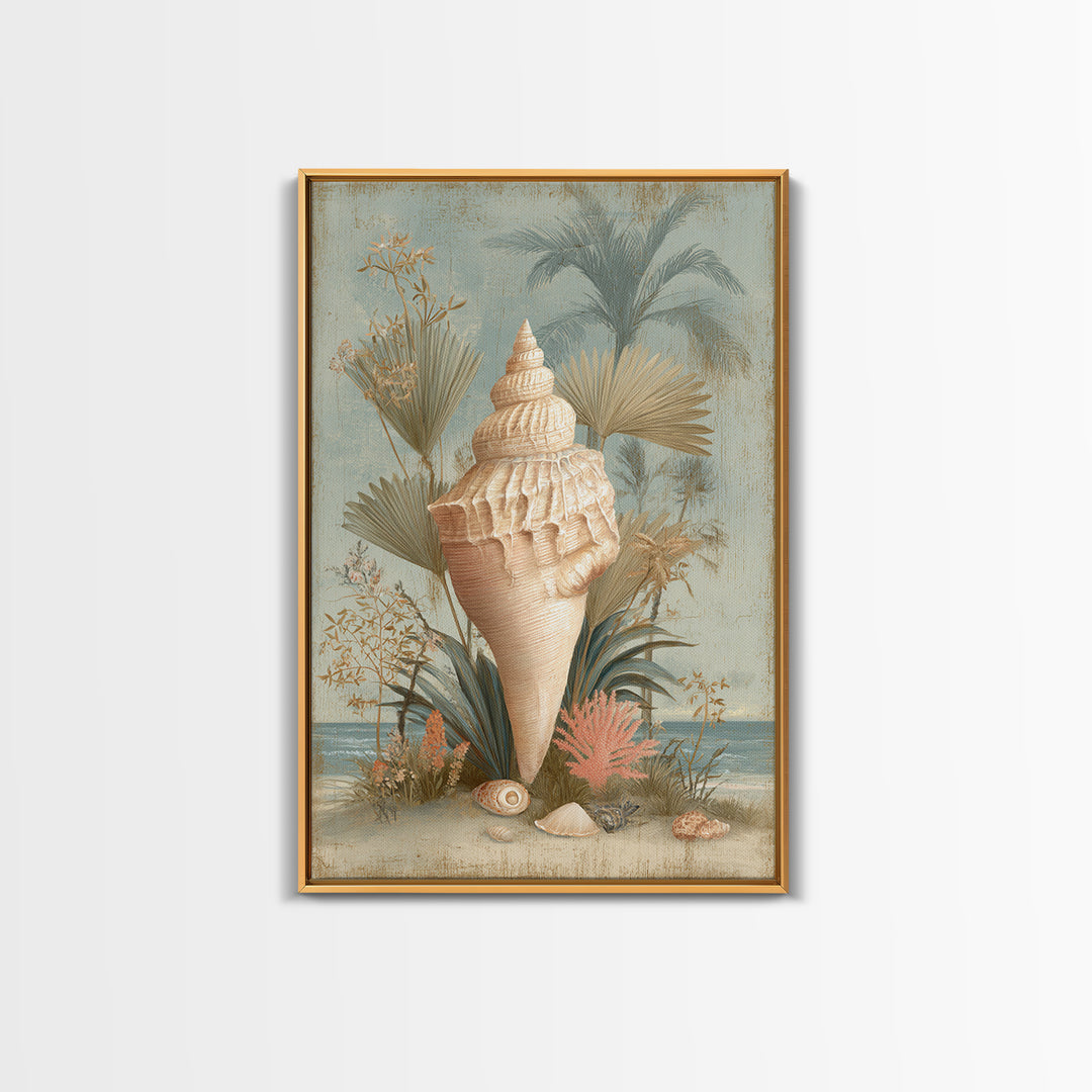 Beachy Shell and Palm Arrangement Canvas Print, Patio Art, Outdoor Wall Decor, Patio Decor, Fine Art, Outdoor, Yard Decor, PAT-2x3-99