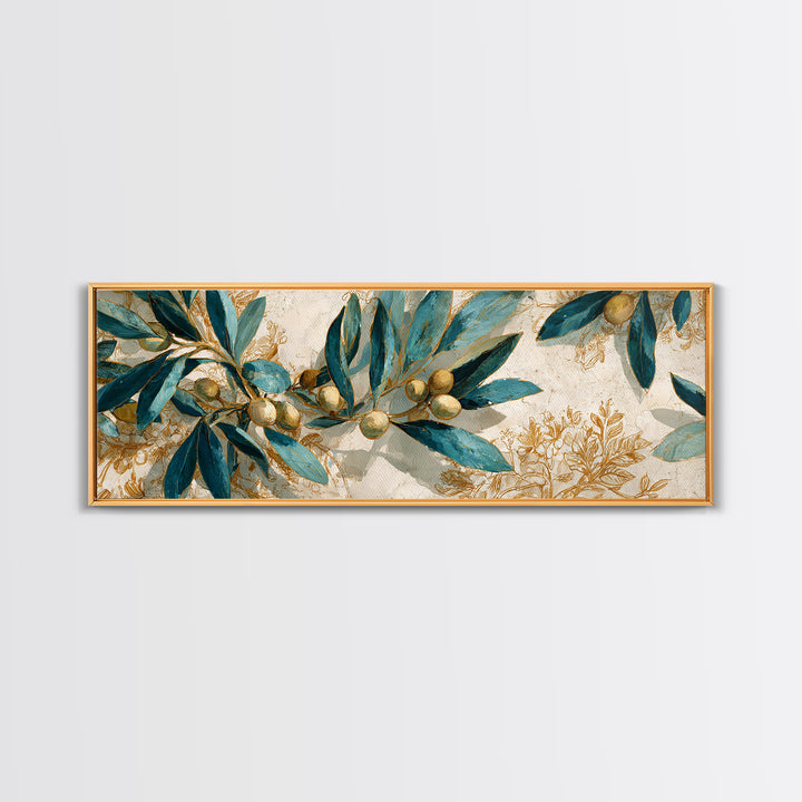 Olive Branch Wreath on Warm Plaster Framed Canvas Print, Patio Art, Floral Wall Art, Patio Decor, Outdoor, Mixed Media Art, PAT-3x1-1