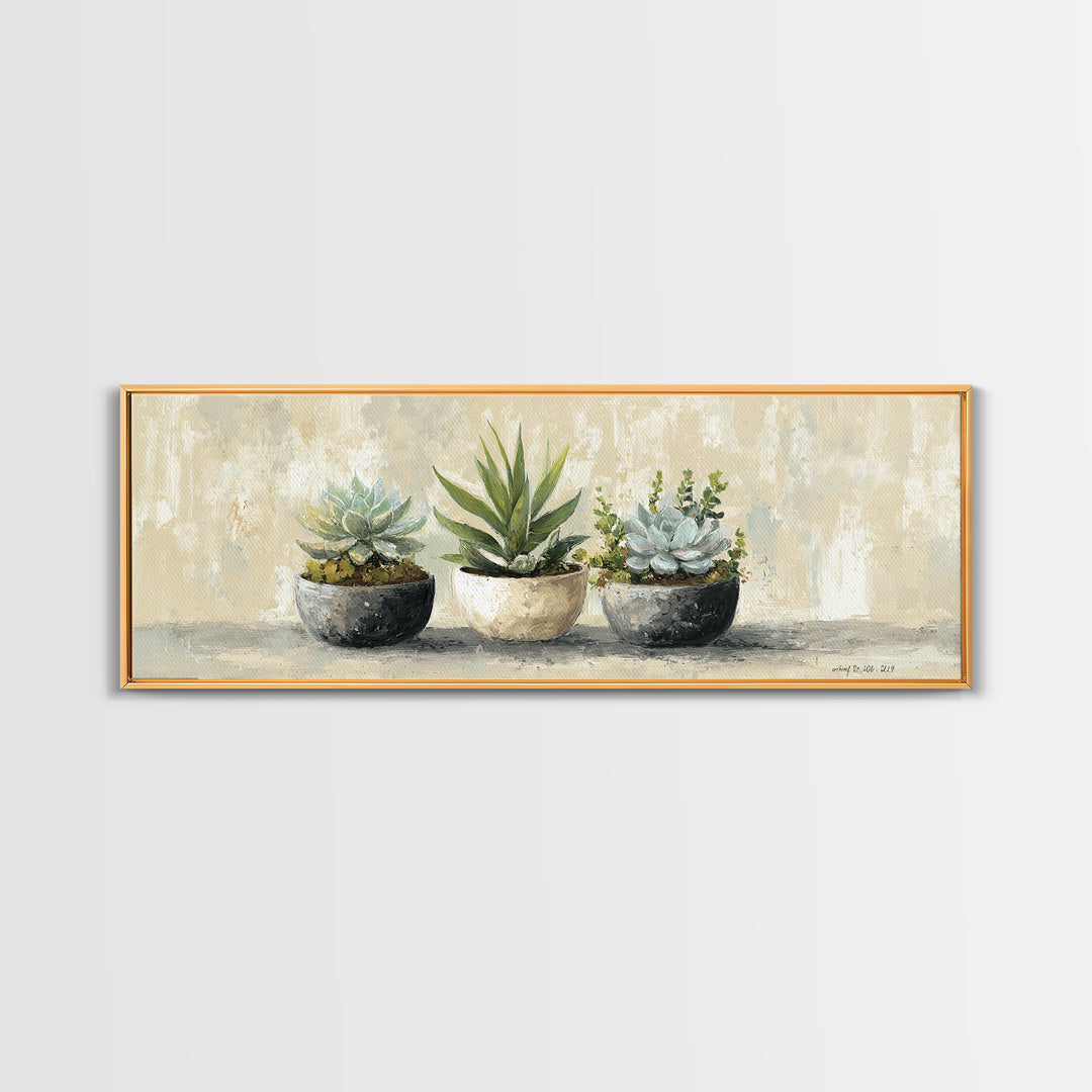 Succulent Collection in Ceramic Planters Canvas Print, Patio Art, Yard Art, Patio Decor, Fine Art, Outdoor, Lake House Decor, PAT-3x1-13