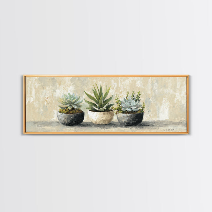 Succulent Collection in Ceramic Planters Canvas Print, Patio Art, Yard Art, Patio Decor, Fine Art, Outdoor, Lake House Decor, PAT-3x1-13