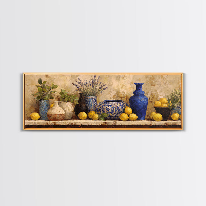 Mediterranean Lemons and Blue Tile Pattern Framed Canvas Print, Patio Art, Outdoor Wall Art, Patio Decor, Fine Art, Outdoor, PAT-3x1-18