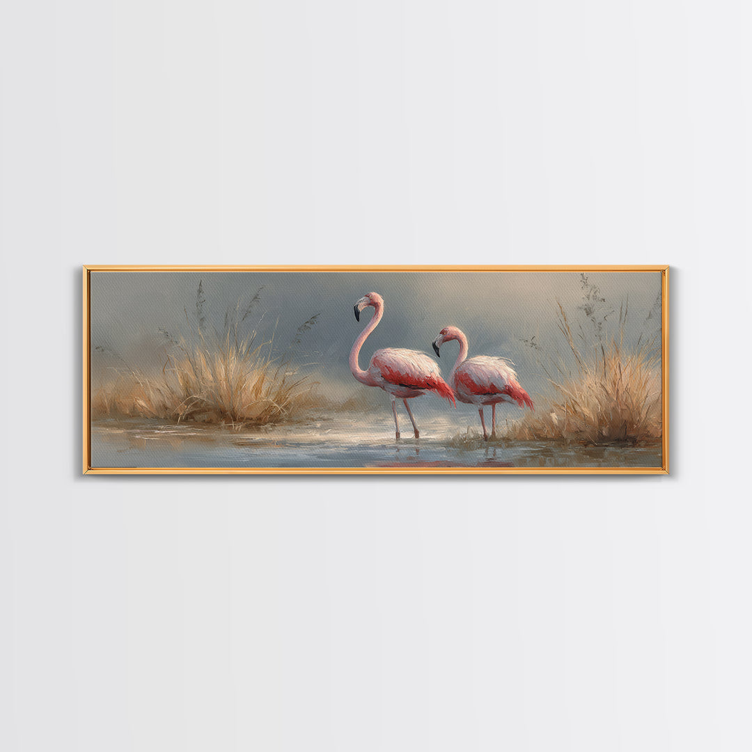Flamingo Pair Beside Shallow Water Framed Canvas Print, Patio Art, Metal Wall Art, Patio Decor, Outdoor, Coastal Wall Decor, PAT-3x1-2