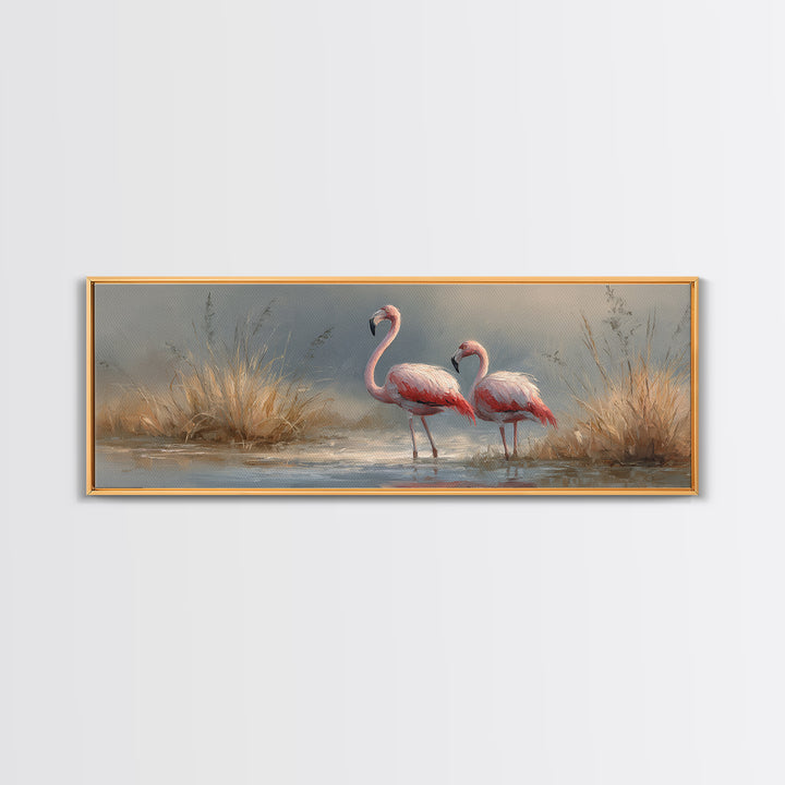 Flamingo Pair Beside Shallow Water Framed Canvas Print, Patio Art, Metal Wall Art, Patio Decor, Outdoor, Coastal Wall Decor, PAT-3x1-2