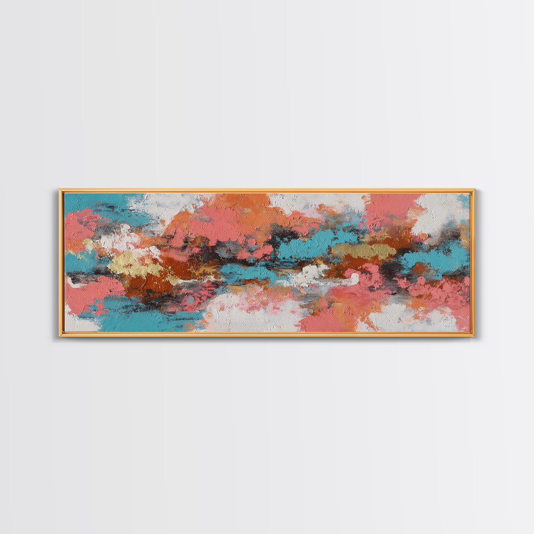 Bright Coral and Turquoise Abstract for Outdoors Framed Canvas Print, Patio Art, Rustic Decor, Patio Decor, Abstract Art, PAT-3x1-28