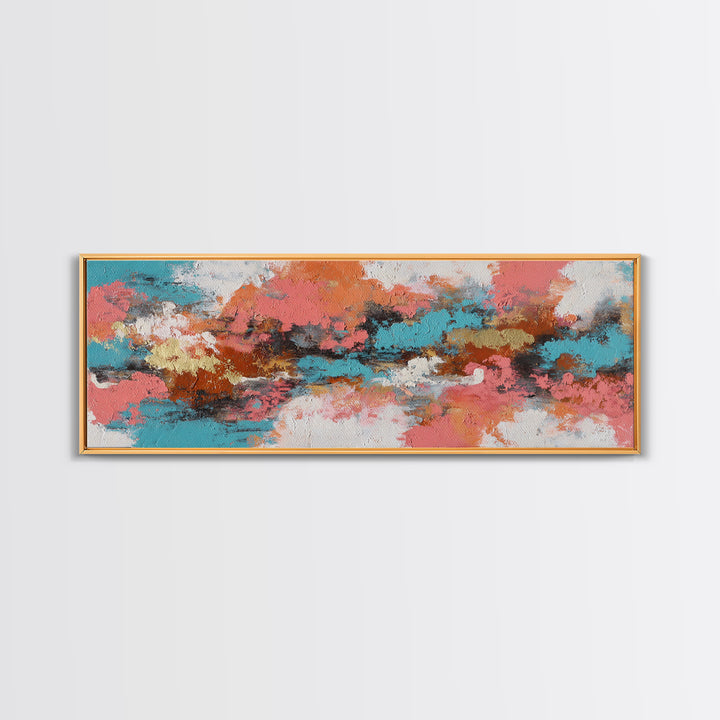 Bright Coral and Turquoise Abstract for Outdoors Framed Canvas Print, Patio Art, Rustic Decor, Patio Decor, Abstract Art, PAT-3x1-28