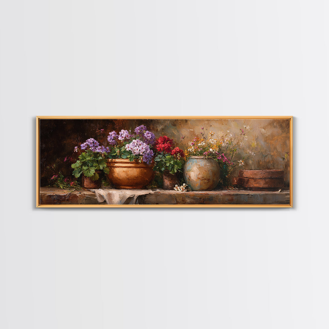 Potted Geraniums in Rustic Clay Pots Canvas Print, Patio Art, Wall Art, Patio Decor, Fine Art, Outdoor, Outdoor Wall Decor, PAT-3x1-30