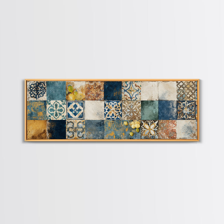 Mediterranean Lemons and Blue Tile Pattern Canvas Print, Patio Art, Coastal Decor, Patio Decor, Outdoor, Family Wall Art, PAT-3x1-42